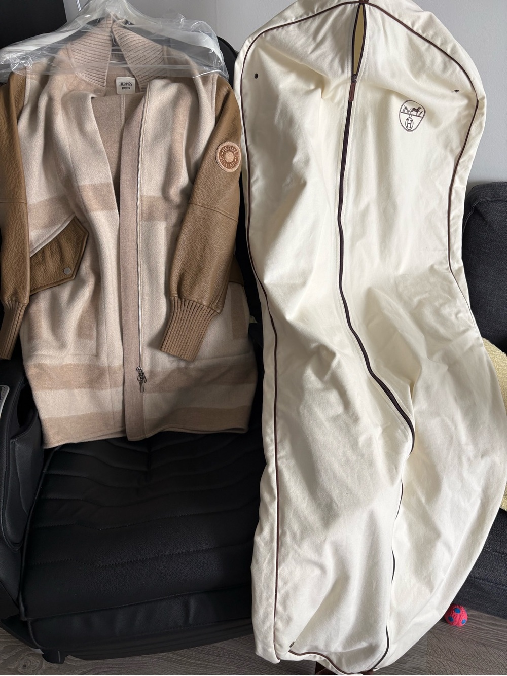 Hermes Beige and Tan Wool Leather-Trim Jacket